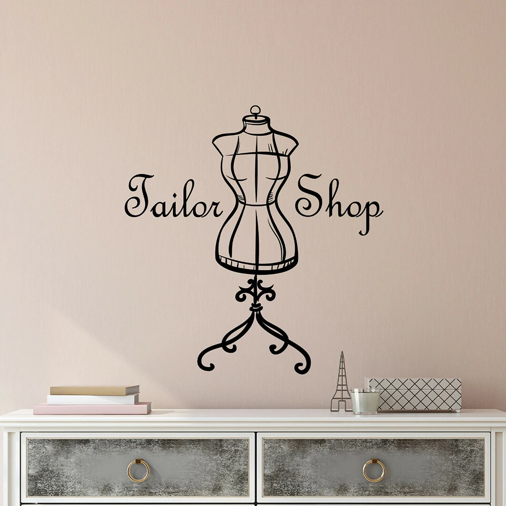 Sewing Store Wall Decal Tailor Shop Atelier Logo Vintage Mannequin Vinyl Self-adhesive Wall Stickers Home Decor Shop Window Z391