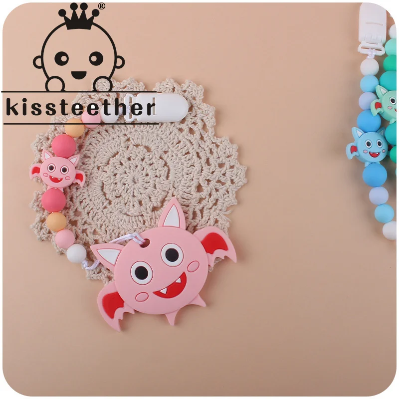 Kissteether Baby Teether Food Grade Silicone Chews Halloween Bat Pacifier Chain Teething Necklace  Clip  Gifts