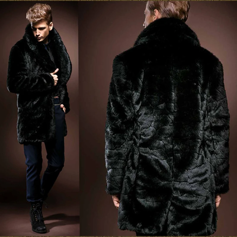 Free Shipping New men\'s black imitation rabbit fur long slim fur coat male domineering personality warm imitation fur coat winter