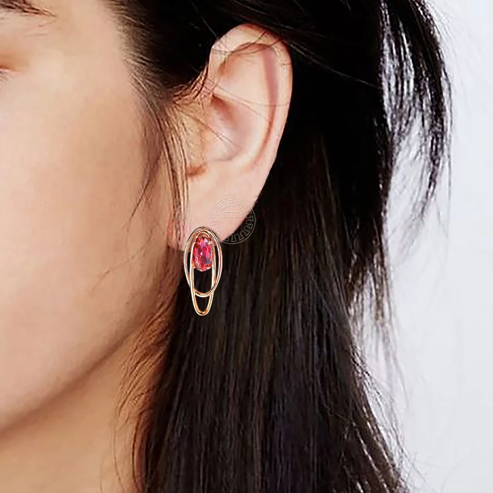 Brincos Pendentes Geométricos em Ouro Rosê 585 com Pedra Rubi Vermelha para Mulheres e Meninas, Joias de Moda para Casamento, Presentes DGE349
