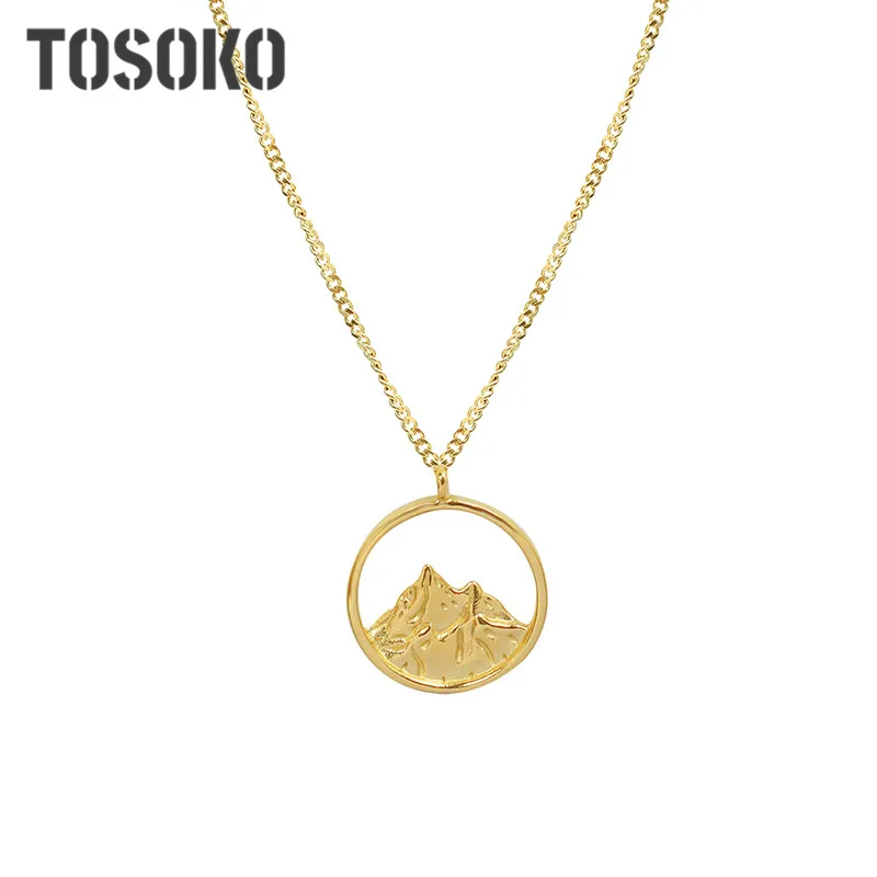 TOSOKO Stainless Steel Jewelry Mountain Wave Relief Pendant Necklace Couple Fashion Clavicle Chain BSP138