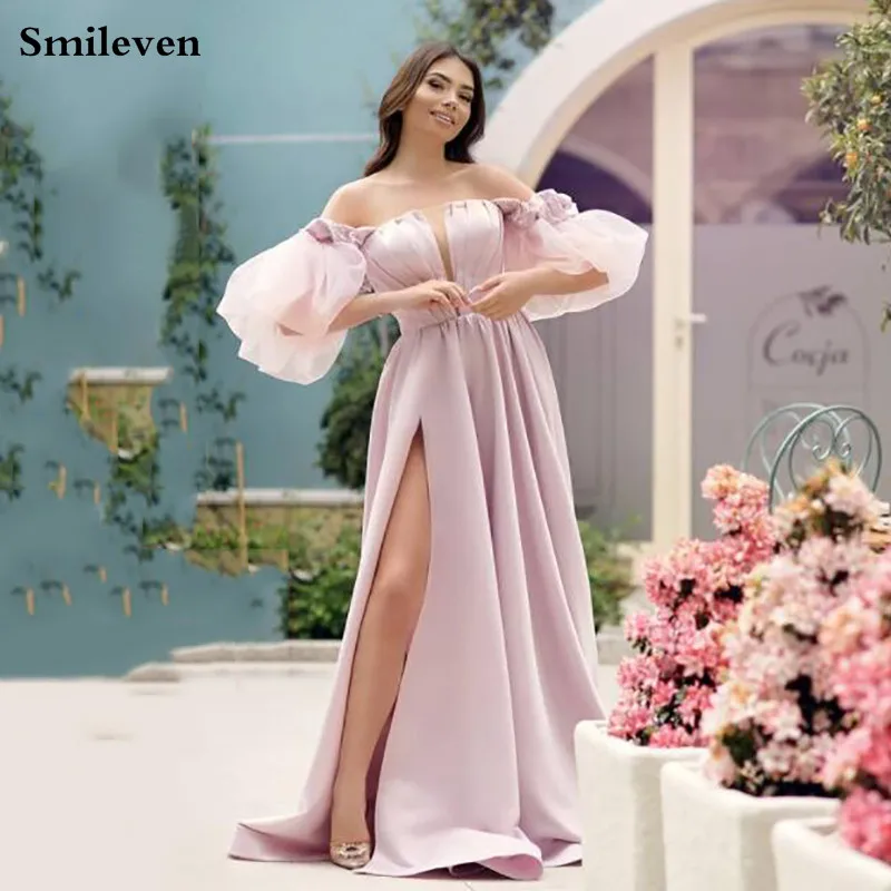 Smileven Pink V A Line Side Split Prom Dress Party Gowns Lantern sleeve Puffy Long Elegant Formal  Evening Gown