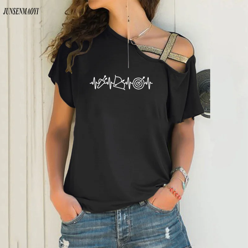 Heartbeat of Archery Fashion T Shirt Women Summer Casual Short Sleeve T Shirt Sexy Irregular Shoulder Femme Top S-5XL