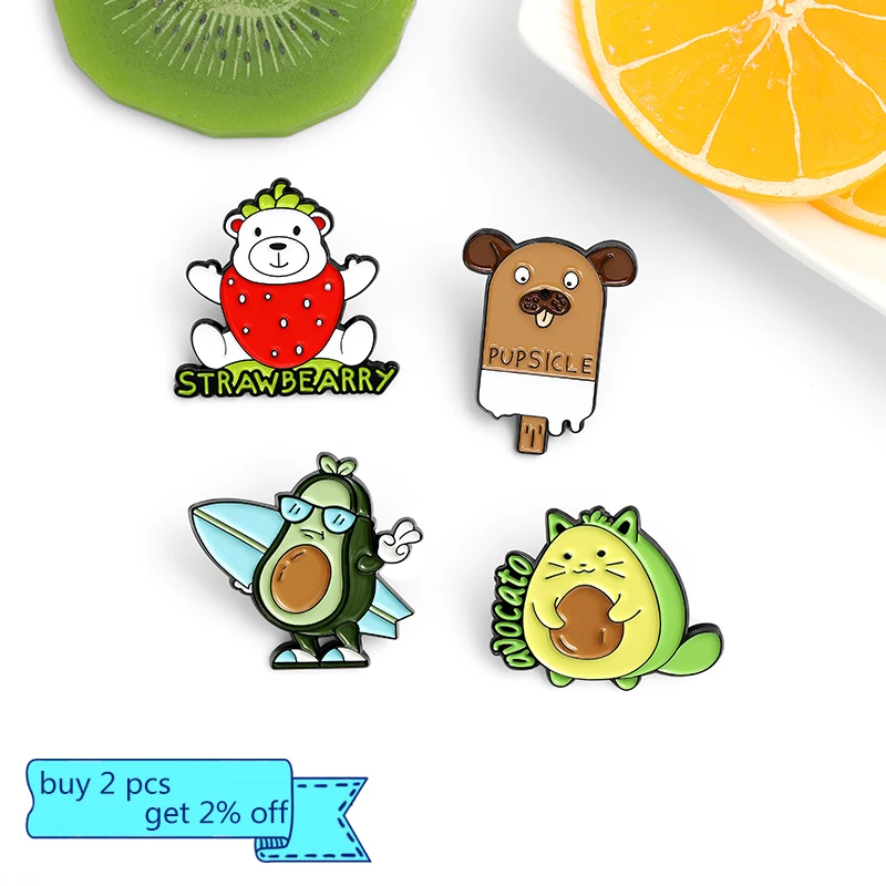 Custom Strawberry Dog Avocado Bearberry Enamel Pin Brooches Bag Lapel Pin Avocado skating Badge Jewelry Gift for Kids Friends