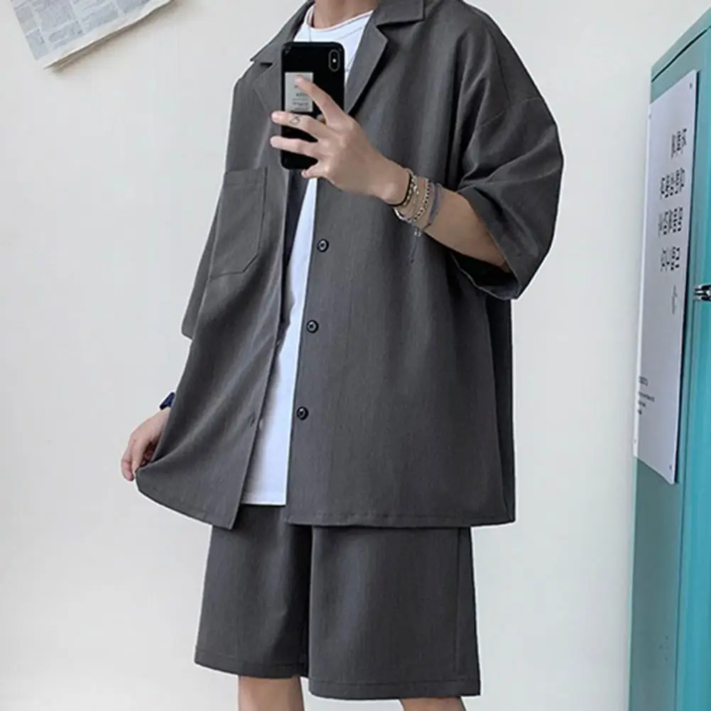 JK Coat Shorts Suit Korean Style Men\'s Set Suit Jacket & Shorts Solid Thin Short Sleeve Single Pocket Knee-Length Men JK Outfit