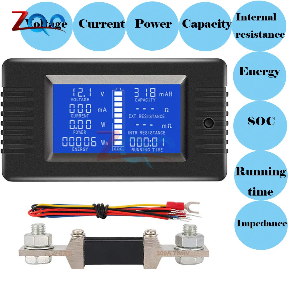 DC 0-200V 0-300A Digital Voltmeter Ammeter Car Battery Tester Capacity Resistance Voltage Current Power Energy Meter Monitor