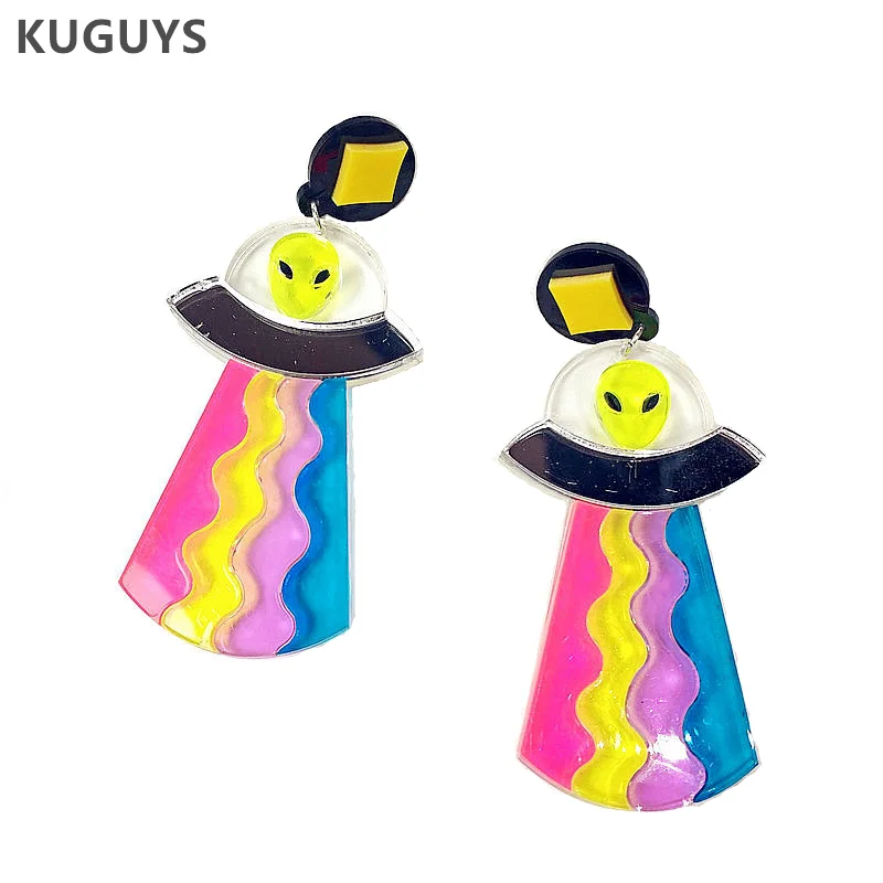 KUGUYS Aliens ET UFO Earrings for Women Acrylic Colorfuls Transparent Version Long Drop Jewelry Fashion Accessories