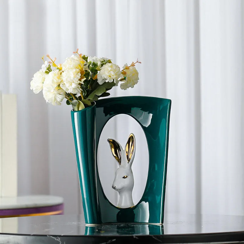 

American Ceramic Bunny Vase Fake Flower Adornments Home Livingroom Desktop Furnishings Decoration Wine Cabinet Figurines Crafts