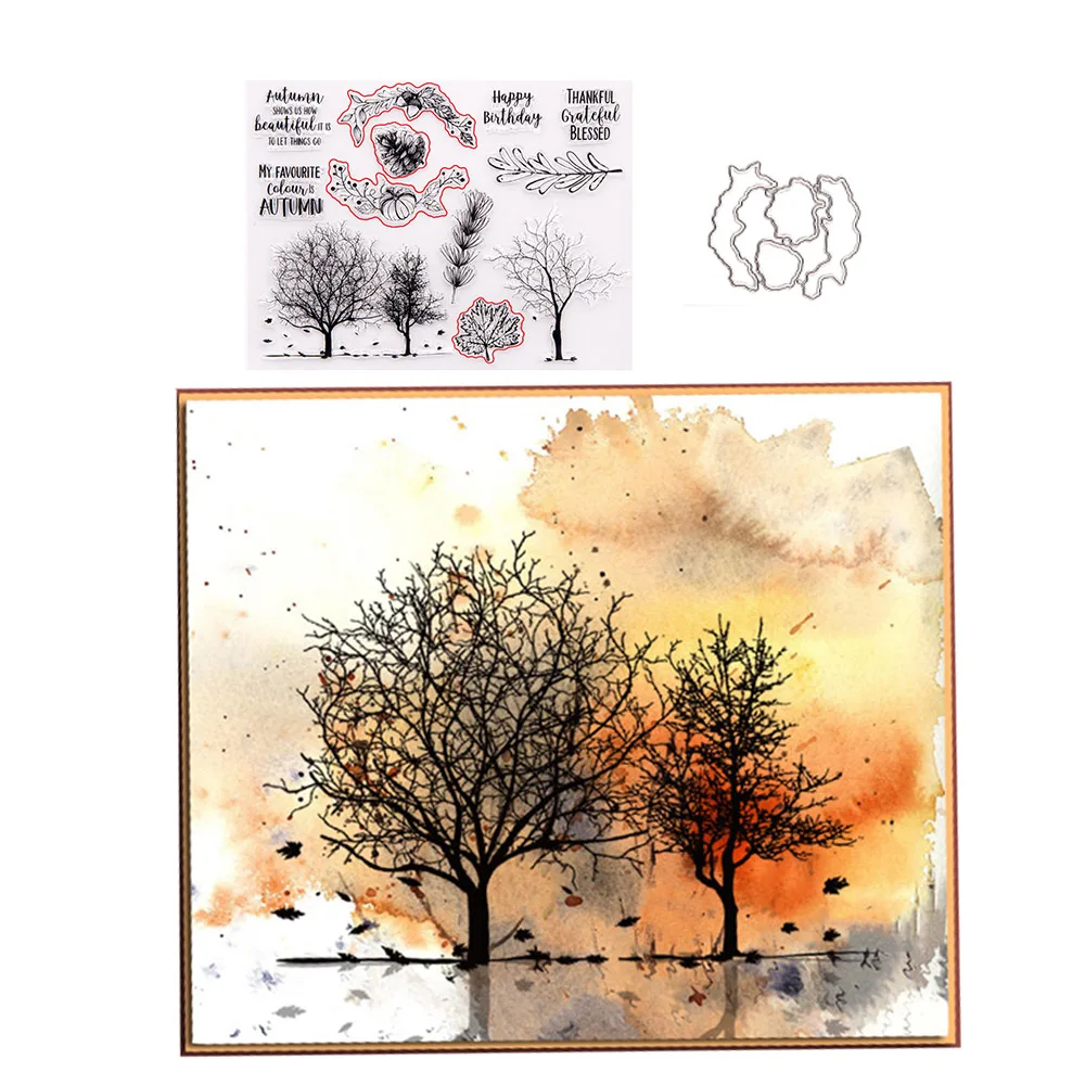 Autumn Trees Metal Cutting Dies and Clear Rubber Stamps for DIY Scrapbooking Crafts Card Making Photo Album Sheet Decoration