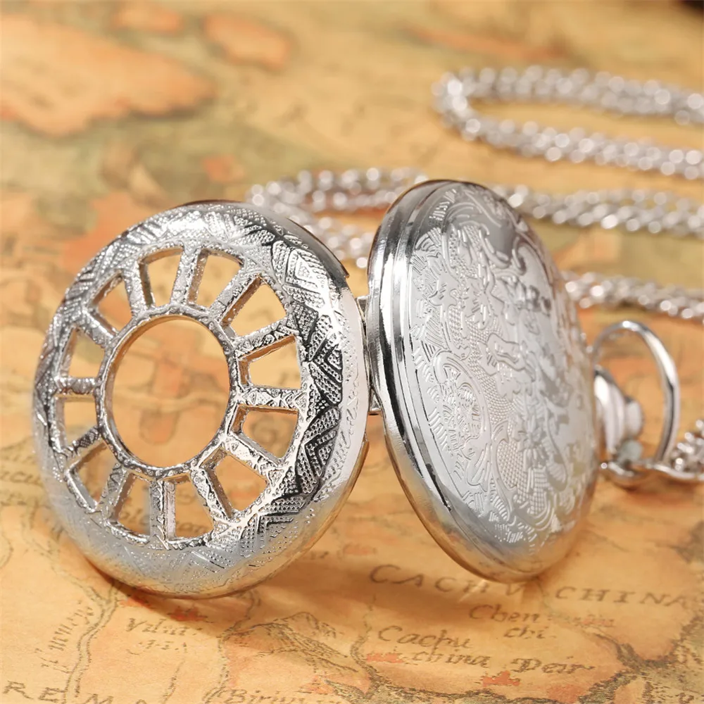 Montre de poche pour hommes et femmes, collier à Quartz avec roue creuse en argent, Vintage, mode, chiffres arabes, cadran blanc, pendentif Antique