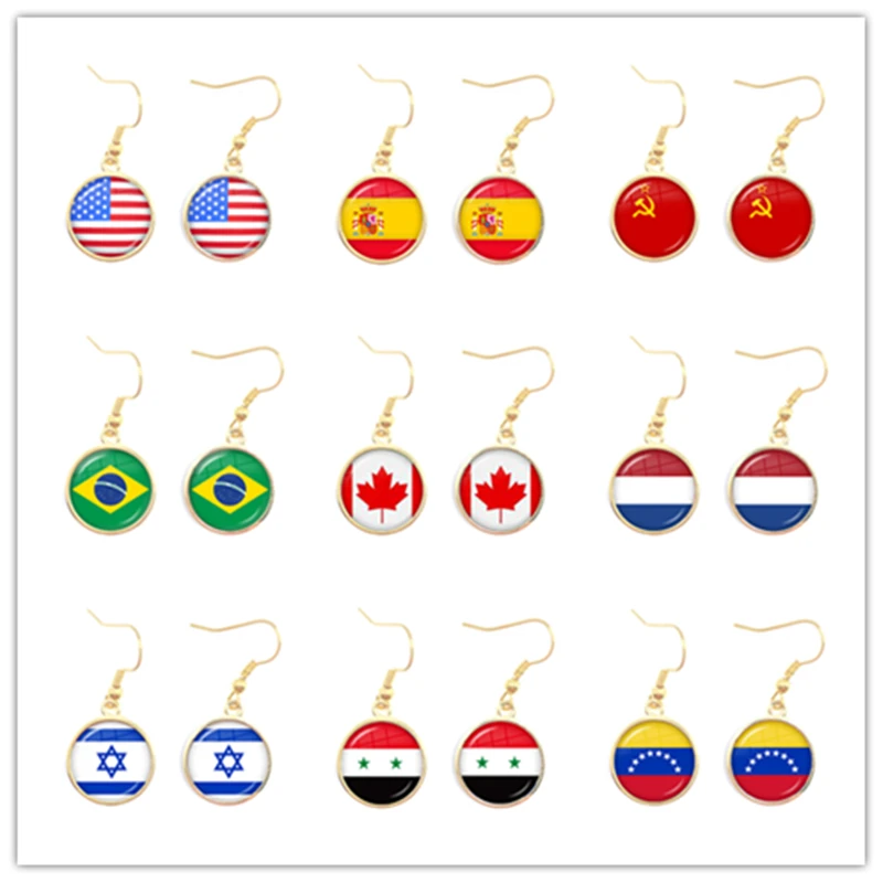 Soviet Union,Brazil,Canada,Netherlands,Israel,Syria,Venezuela,United States,Spain National Flag Glass Cabochon Drop Earrings