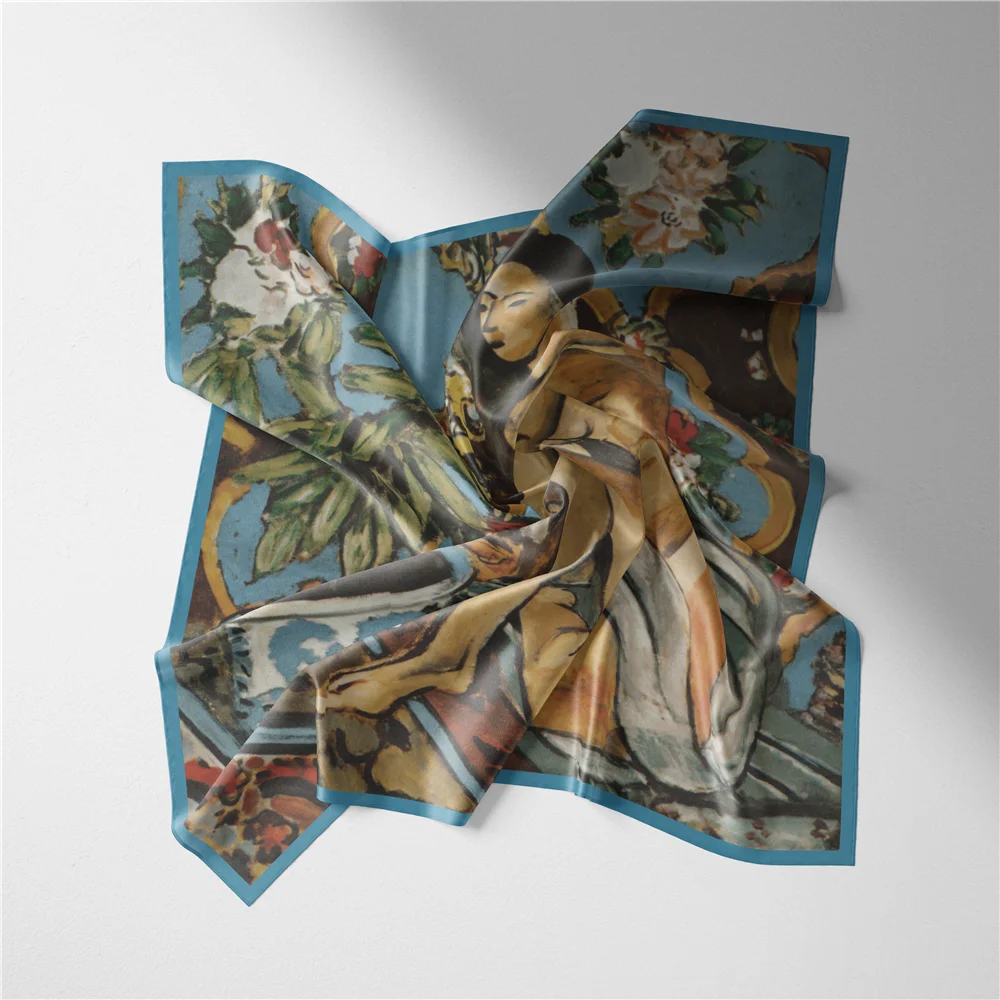 Twill Silk Scarf Woman Model Painting Square Scarves Wraps Bandana Small Hijab Silk Foulards Tie Headband Neckerchief 53CM