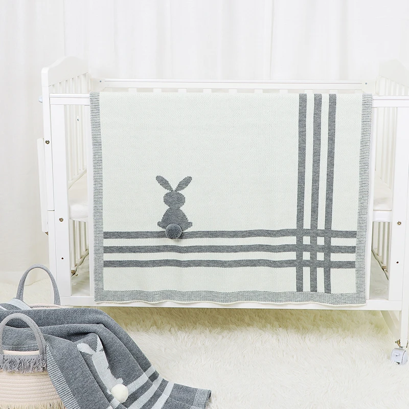 Baby Blanket Knit Soft Newborn Girl Boy Cute Rabbit Plaid Bedding Crib Quilt Fashion Pompom Toddler Infant Stroller Swaddle Wrap