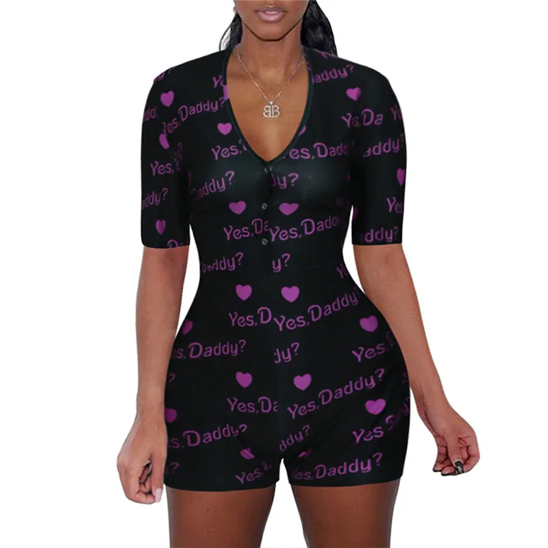 Women\'s Letter Printed Tight Jumpsuit Casual V Neck Short Sleeve Women Adults Sexy Onsie Bodysuit Button Bodycon Stretch Leotard