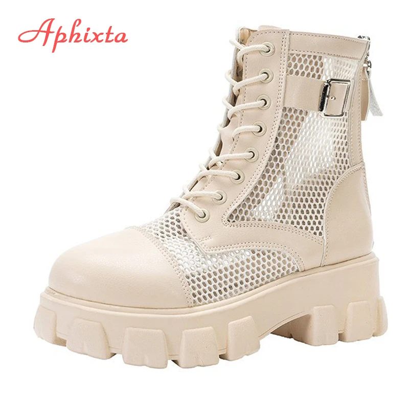 Aphixta 6cm Thick Sole Summer Breathable Platform Boots Women Buckle Big Size 43 Lace-up Waterproof Height Increasing Boots