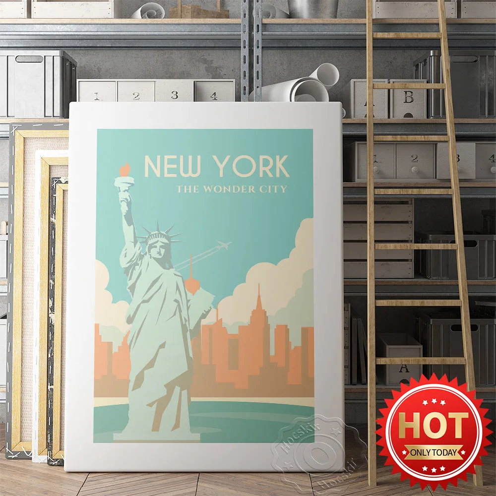 America Goddess Buildings Statue Art Poster, The Wonder City New York Tavel Scenery Commemorate Prints, World Tavel City Mural