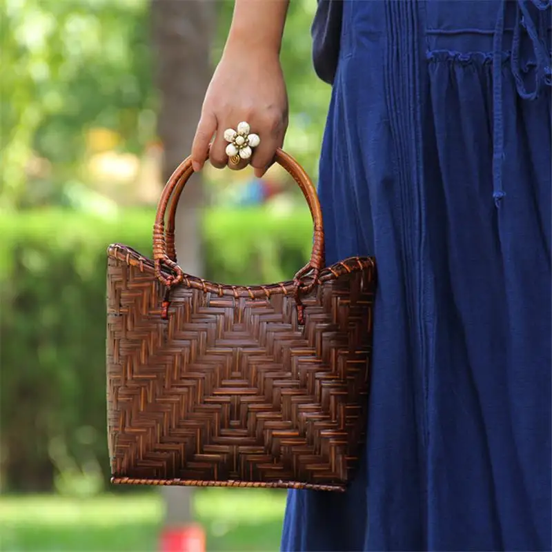 21x18CM Thai Bamboo Woven Bag Rattan Straw Bag Original Chinese  Hand Made Old Straw Bag Woven Retro Bag a6101