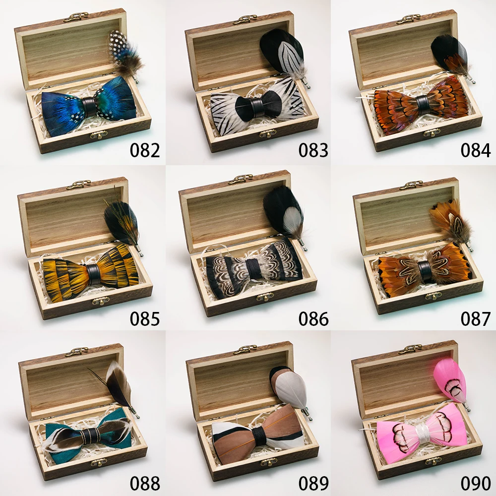 EASTEPIC Handmade Feather Bow Tie Brooch Wooden Box Set Men's Exquisite Accessories for Wedding Party Birthday Gift Necktie