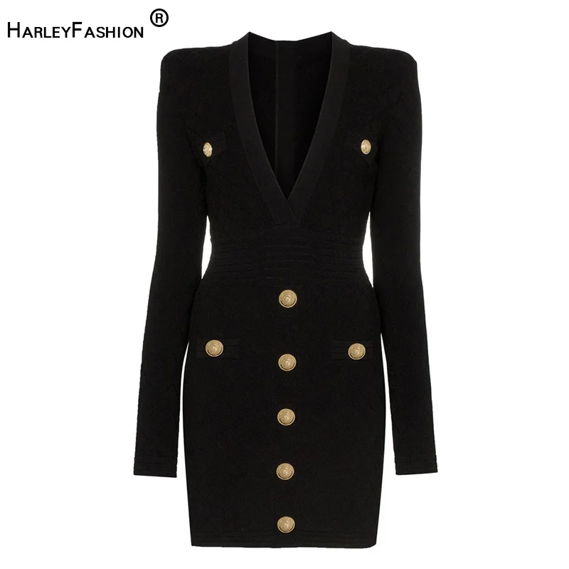 

HarleyFashion High Quality Euramerican Spring Fall Fitness Casual Knit Dress V-neck Plaid Buttons Solid Slim Sheath Mini Dress