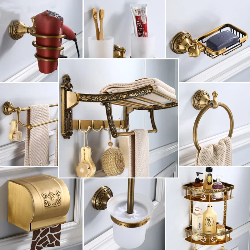 Antique Bath Hardware Accessory Set Aluminum Towel Rack/Ring Paper/Toilet Brushed Toothbrush Cup Holder Corner Shelf Soap Basket