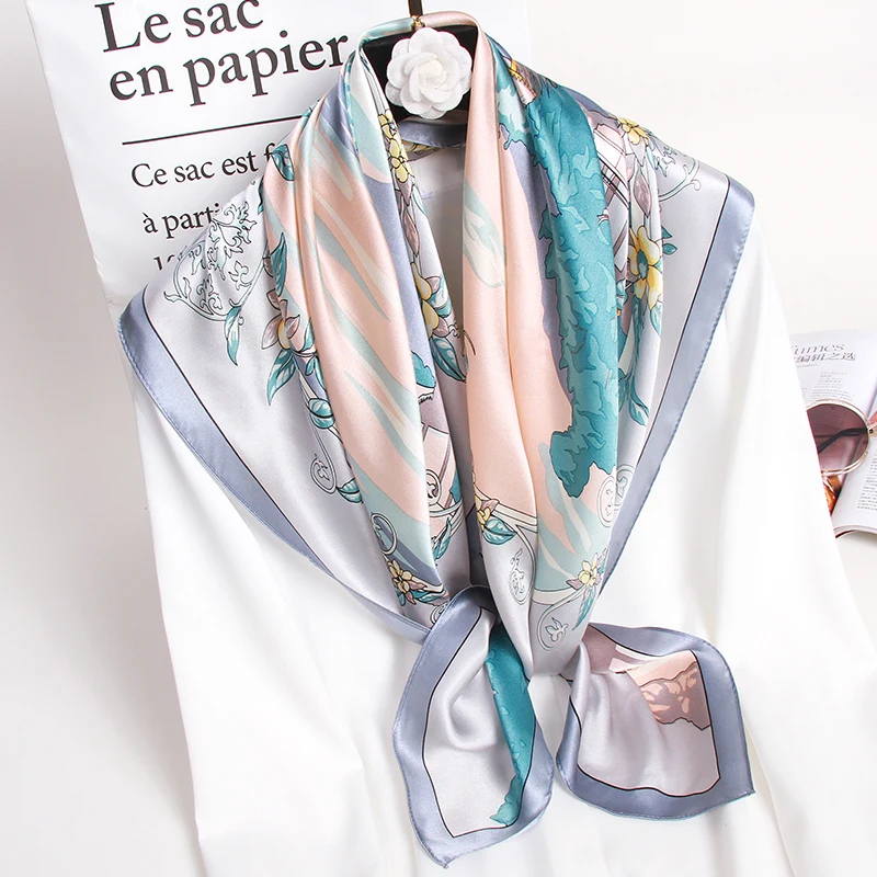 100% Natural Silk Square Scarf for Women Print Bufanda Mujer Real Silk Headscarf Large Pure Silk Bandana Foulard Femme 88x88cm