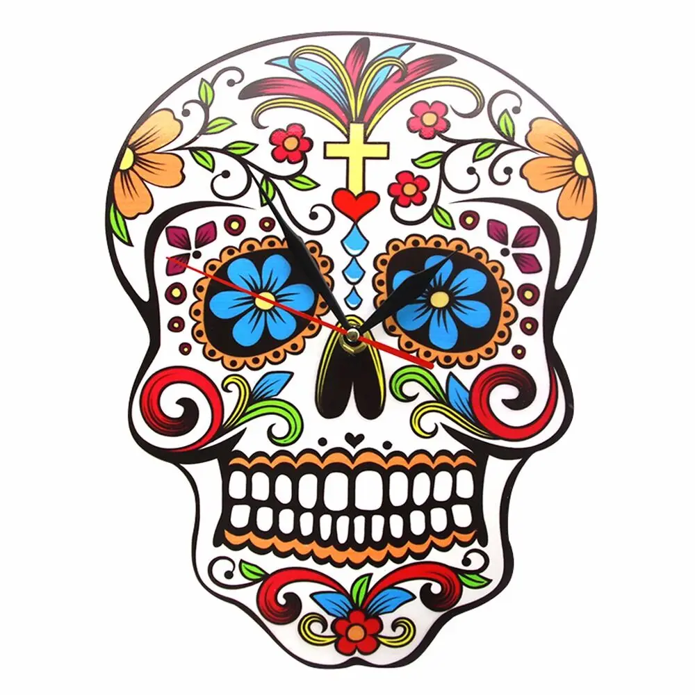 

Mexican Dia De Los Muertos Day of the Dead Wall Clock Floral Skull Modern Wall Clock Candy Sugar Skull Halloween Wall Decor