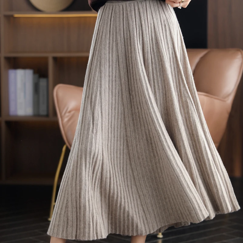 2024New Pure Cashmere A-Line Skirt Women Autumn Knit Pleated Long Skirt 100%Wool Large Size High Waist Korean Bag Hip Base Skirt