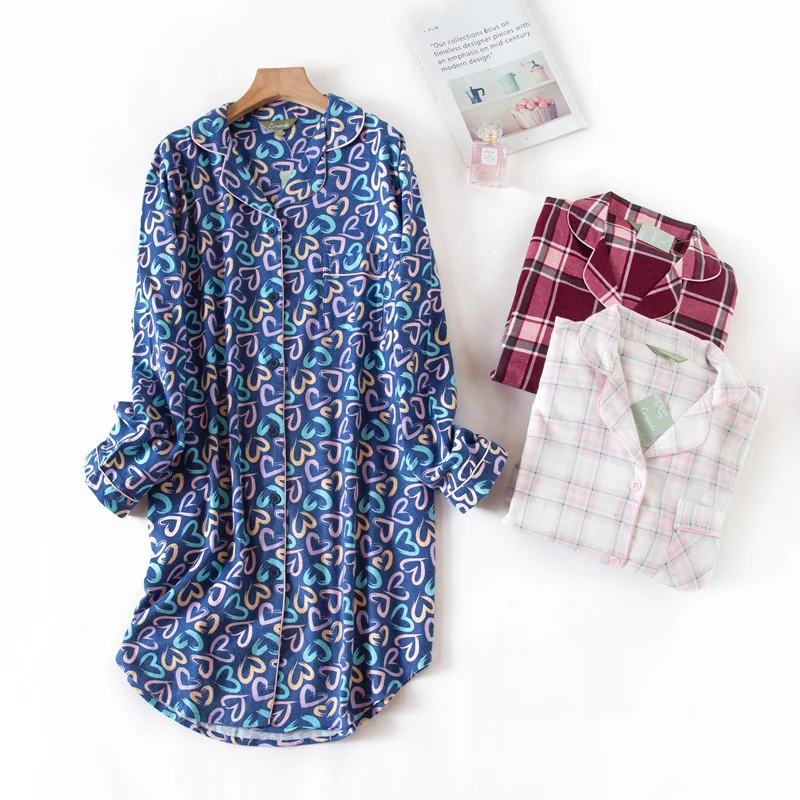 

100% Brushed cotton nightshirts women nightgowns sleepwear casual plaid Plus size sleepdress Women night dress nightwear