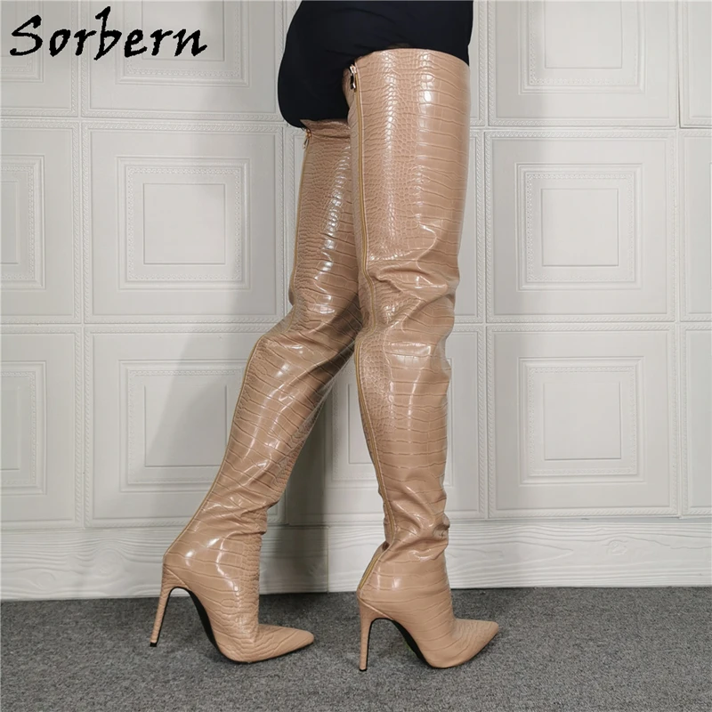 Sorbern-bottes Nude Crocodile pour femmes, bottes brevetées, à bout pointu, à talons hauts, personnalisées, larges, ajustées, cuisse longue, nouvelle collection 2020