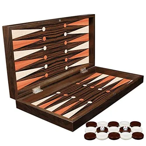 LaModaHome 18.9 ''Turkish Backgammon Set, Nacreous Wooden and Leather Covering, Board Game for Family Nights, modern Elite Vinyl