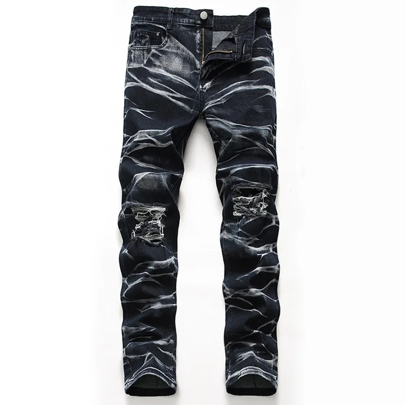 Europe America Ripped Jeans Men's Slim Fit Light Blue Stretch Fashion Streetwear Tie dye Hip Hop Casual Denim Pants Male Trouser