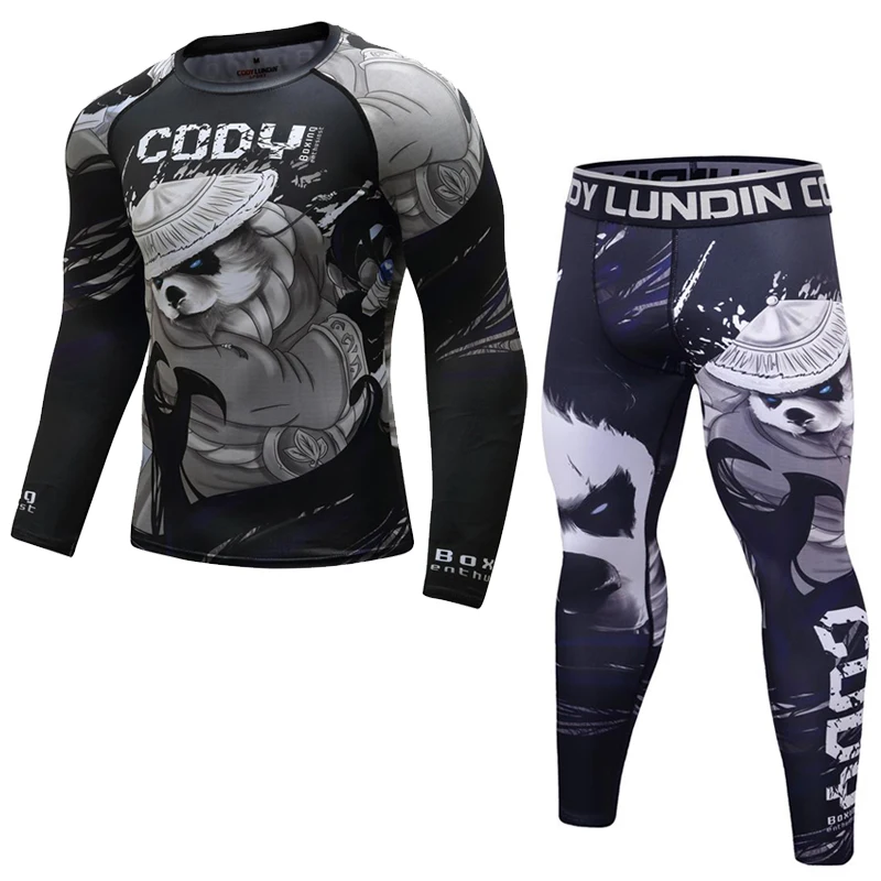 Men Boxing Suit Compression Sport Running T-Shirt+Pants Sets Tight Kickboxing Tracksuit MMA Muay Training Rashguard Fightwear