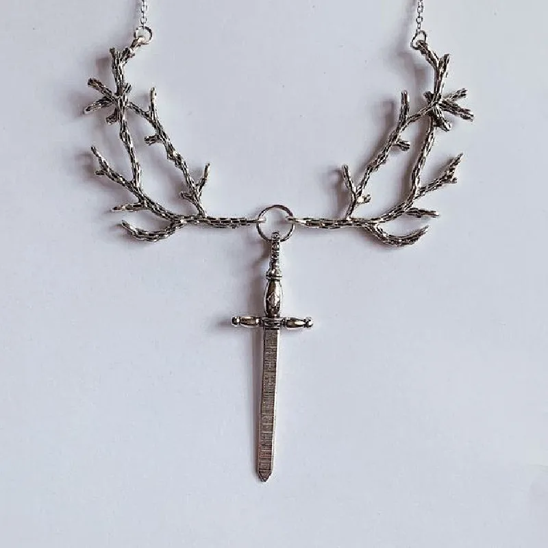 New Hawthorn Sword Necklace Branches And Dagger Silver Color Forest Witch Jewellery Punk Fashion Gothic Women Gift Novelty 2021