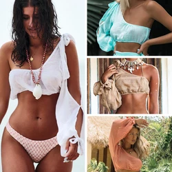 2019 New Bikini Cover-Up Beach-Dress Long-Sleeve Gossamer Female One-Shoulder Bandage