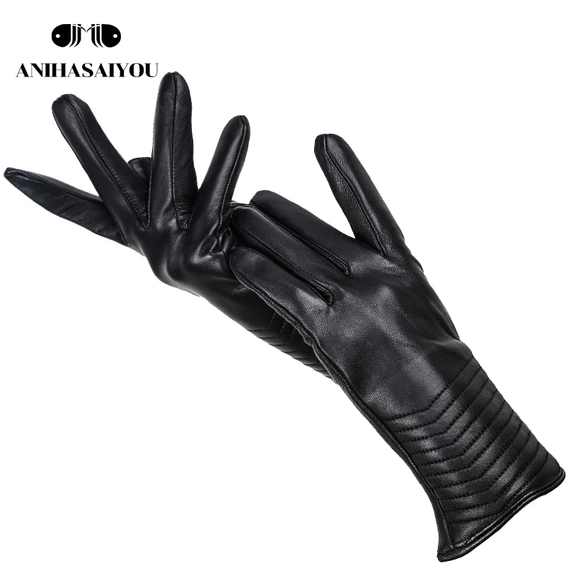 Winter Gloves women Genuine Leather Gloves Brand Black Real Sheepskin women\'s gloves Lining Warm Driving winter gloves-7022