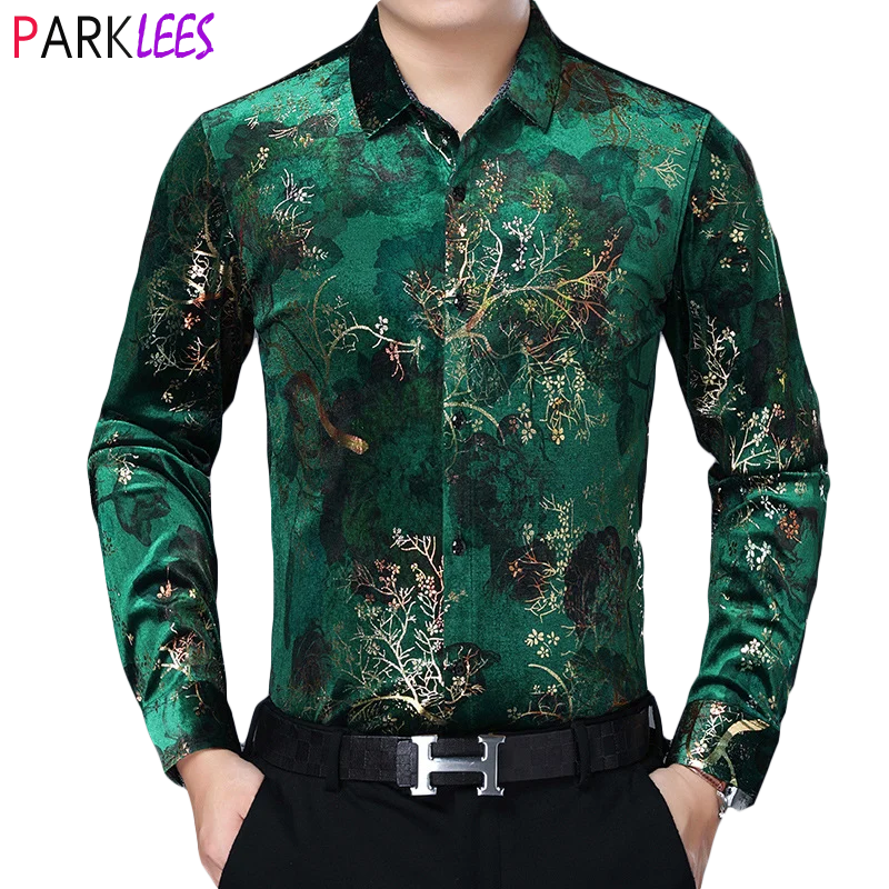 

Men's Gold Branches Print Velvet Floal Dress Shirts 2022 Brand Slim Fit Long Sleeve Velour Green Shirt Men Casual Chemise Homme