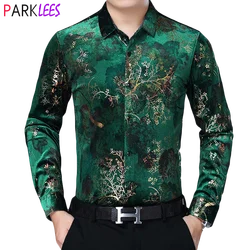 Camisas de vestir de terciopelo con estampado de ramas doradas para hombre, camisa verde de manga larga, ajustada, informal, 2022