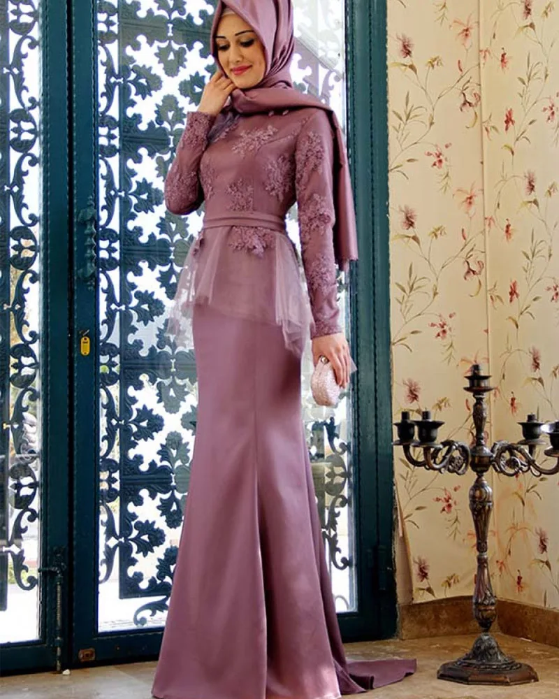 

Elegant Long Sleeve Hijab Lace Muslim Evening prom gown 2018 vestido de festa longo Arabic Formal mother of the bride dresses