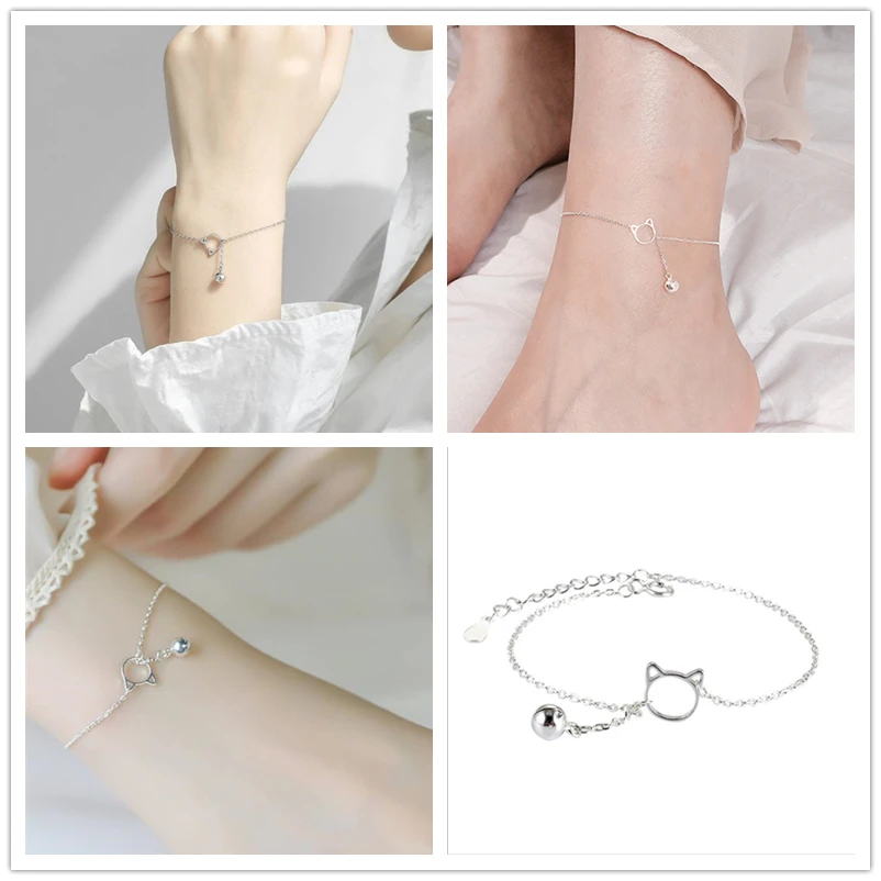 Tobilleras de campana de gato para niña, joyería de plata pura 925, accesorios para mujer, pulseras con dijes para mujer, Bijou