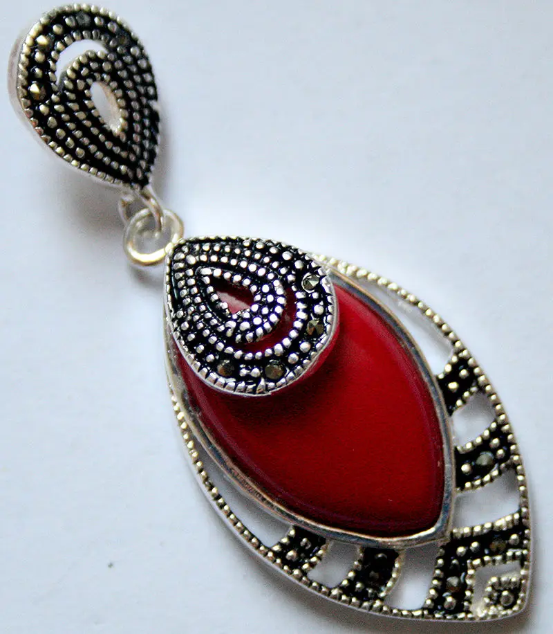 best festival gift vintage natural 30*20mm red coral drop 925 silver marcasite fashion pendant