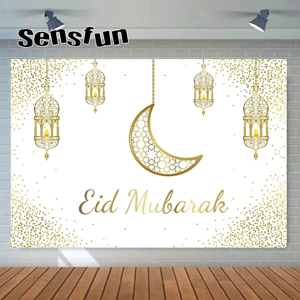 Sensfun Ramadan Kareem Background Eid Mubarak Golden Sand Moon Islamic Hanging Lamps Backdrop White Vinyl Photophone Wallpaper