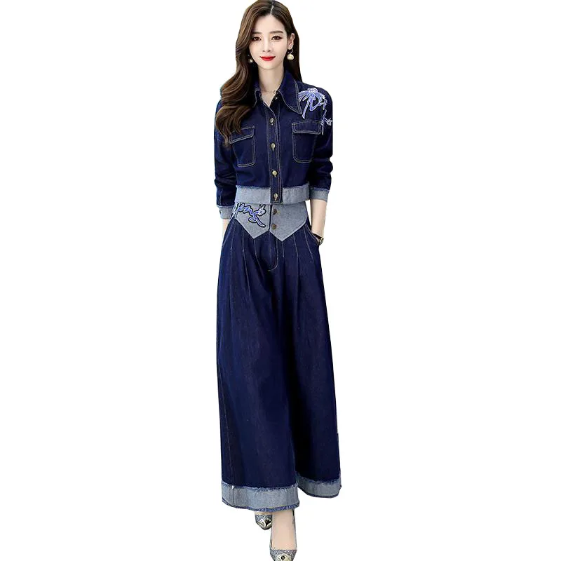 

Women Denim 2-piece Set 2022 New Female Spring Autumn Two-Piece Ladies Cowboy Coat +Denim Wide leg Pants Fashion Two-Piece C711