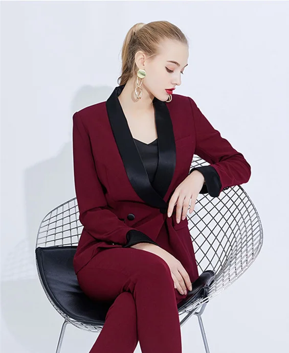 

Burgundy Women Suits Shawl Lapel Women Pantsuits Work Pant Suits OL 2 PCS Women Blazer(Jacket+ Pants Suit)For Women Set Party