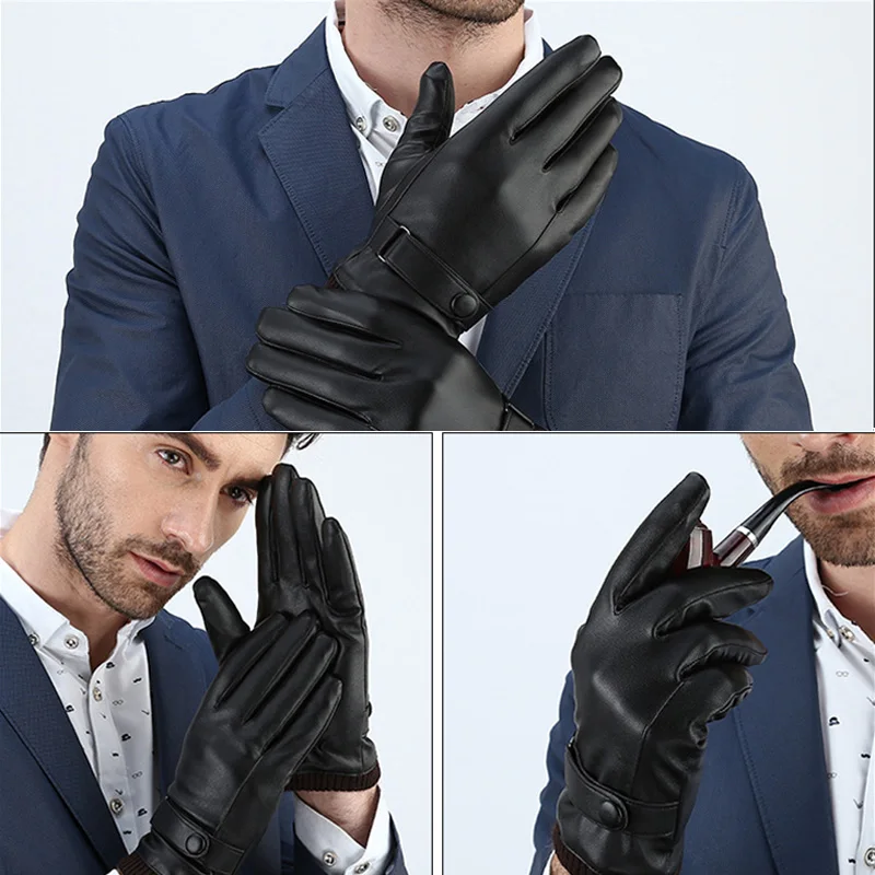 Winter Men\'s Leather Gloves Touch Screen Windproof Keep Warm Driving Guantes Male Autumn and Winter Leather Gloves Black