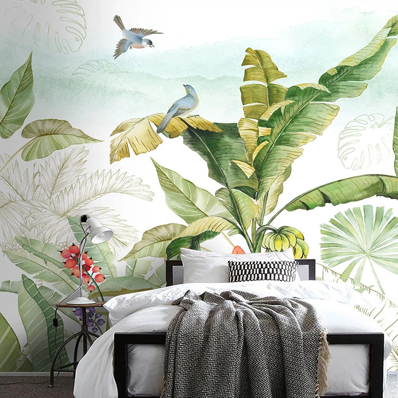 

Tropical Plant Banana Leaf Flower Bird Mural Photo Wall Paper Living Room Bedroom Entrance Background Wall Decoration Painting