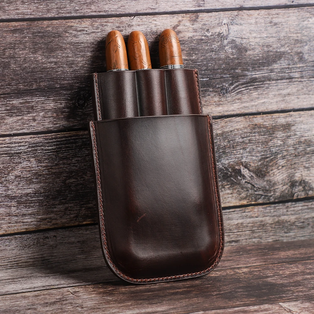 CONTACT\'S FAMILY Vintage Oil Cow Leather Cigar Case Holster 1/2/3 Tubes Holder Mini Humidor Box Travel Storage Cigar Accessories