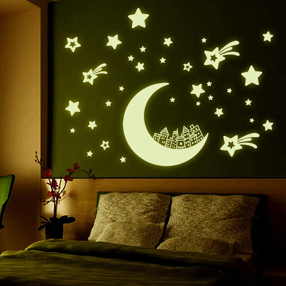 Moon Star Fluorescence Noctilucent Night Glow in Dark Luminous Vinyl Removable Nursery Kids Child Bedroom Wall Stickers Decal