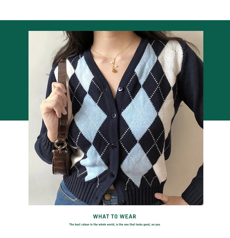 FIGOHR Female Vintage Argyle Knitting V-neck Contrast Cardigan Cropped Top For Women Slim Rhomboid Cardigans Autumn Winter Coat