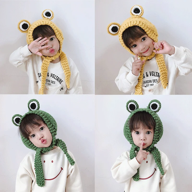 Cute little frog style headband for children Autumn and winter girls knitting hair ribbon Warm hats for children and babies