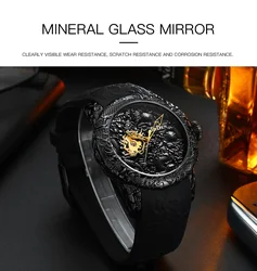 Relojes mecánicos automáticos con escultura de dragón dorado para Hombre, reloj de pulsera de cuarzo con correa de silicona impermeable